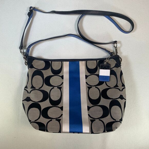 Coach Jacquard Black Blue Hamptons Weekend Satchel Purse C1282-10055 shoulder - Picture 7 of 11